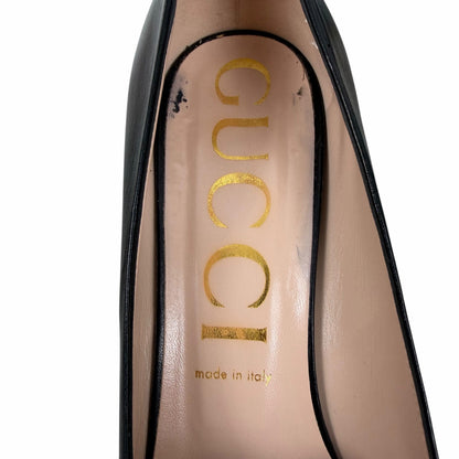 Gucci Horsebit Square Toe Leather Pump Block Heel Black Gold Size 41