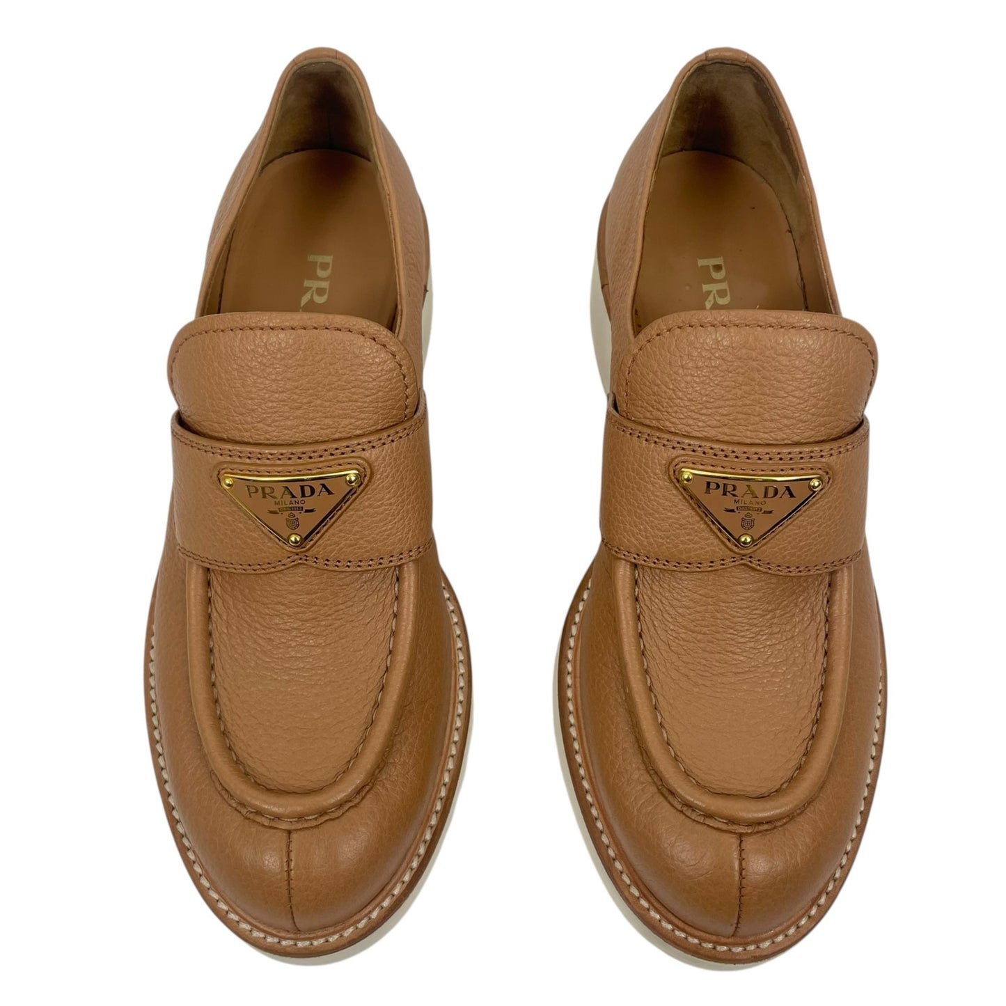 Prada Triangle Logo Pebble Leather Platform Loafer in Brown Size 37.5