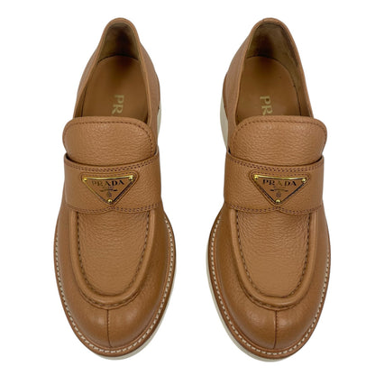 Prada Triangle Logo Pebble Leather Platform Loafer in Brown Size 37.5