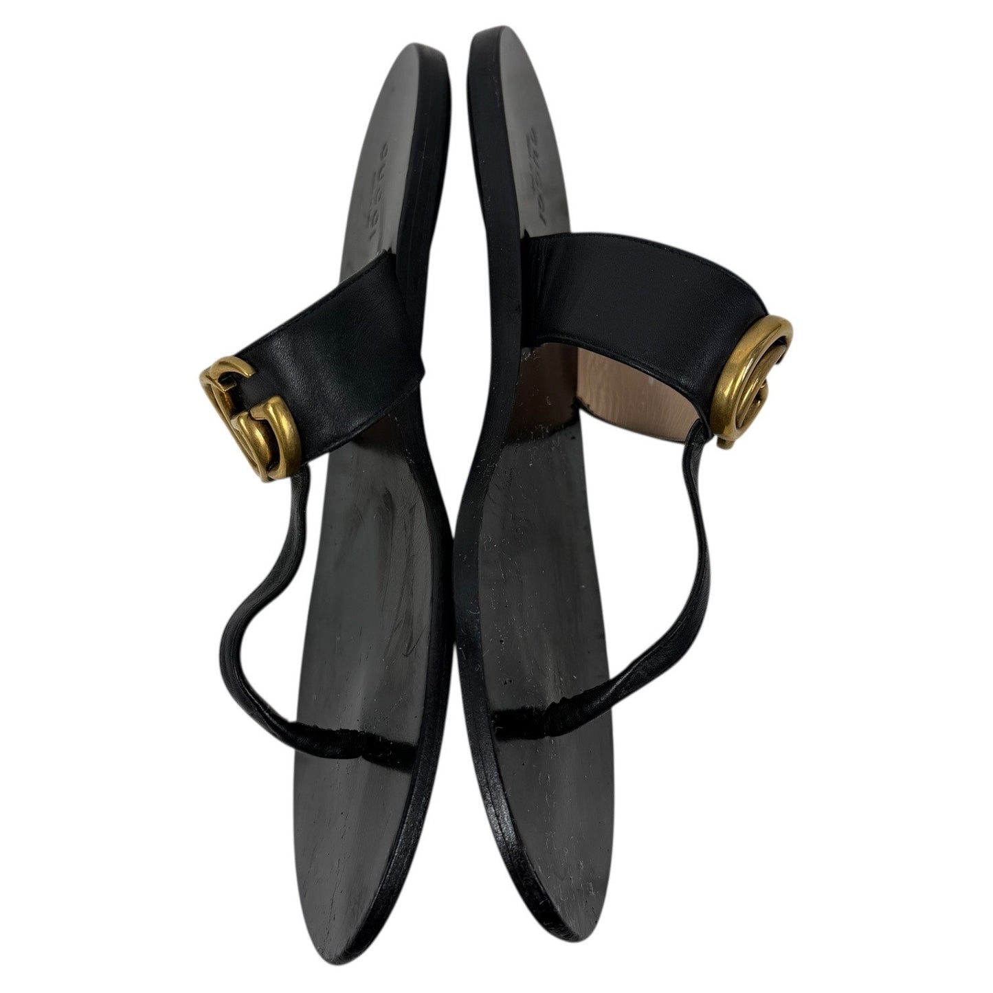 Gucci Black Leather Thong Sandal Gold Double G Logo Size 38.5