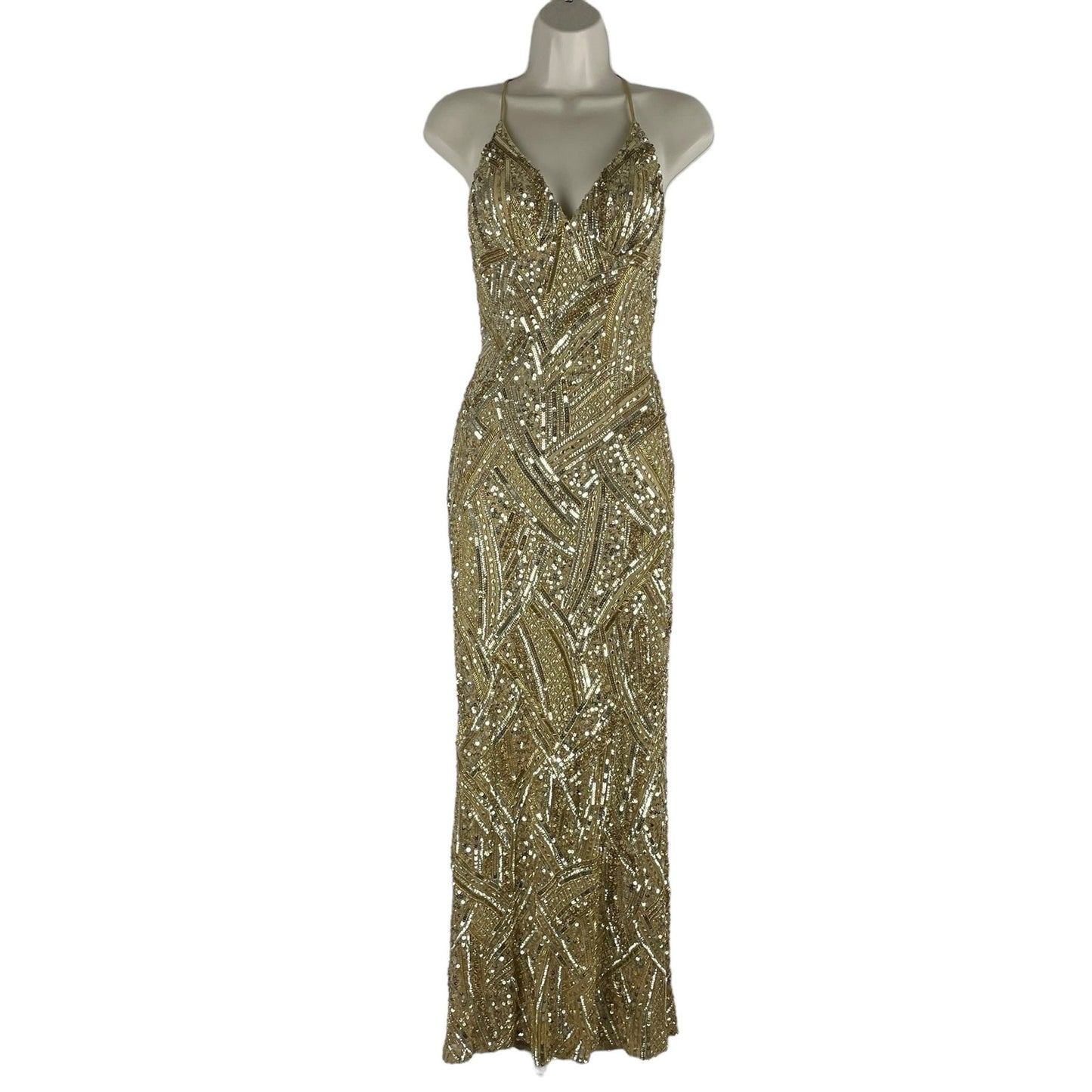 Ashley Lauren Sequin Open Back Evening Gown Formal Dress Gold Size 6