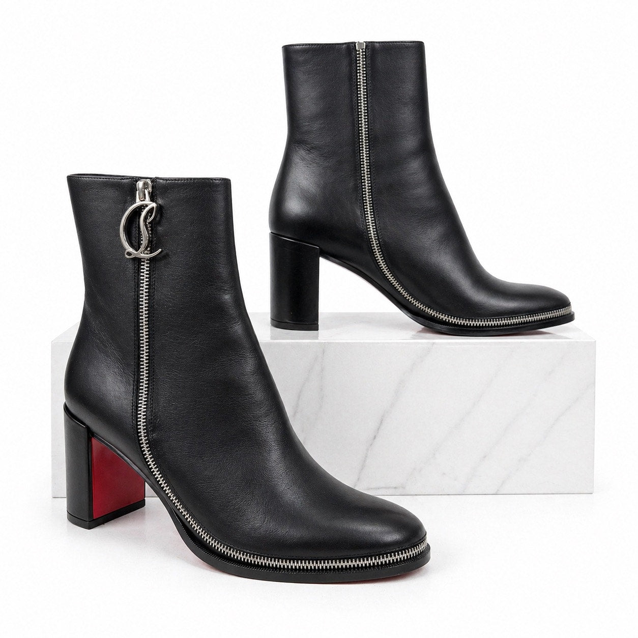 Christian Louboutin CL Zip 70 Calf Leather Ankle Boots Black Size 40