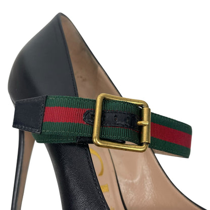 Gucci Malaga Kid Sylvie Mary Jane Web Pumps Black Leather Size 38.5