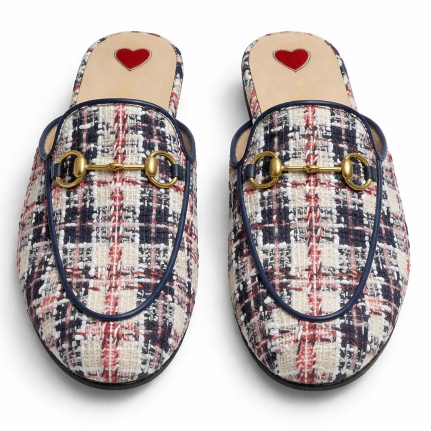 Gucci Princetown Tweed Mules Horsebit Gardenia Ink Blue Size 36.5