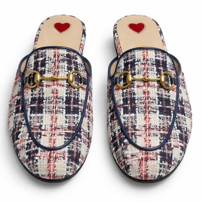 Gucci Princetown Tweed Mules Horsebit Gardenia Ink Blue Size 36.5