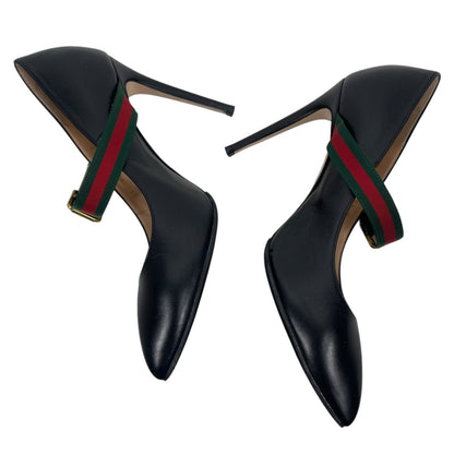 Gucci Malaga Kid Sylvie Mary Jane Web Pumps Black Leather Size 38.5