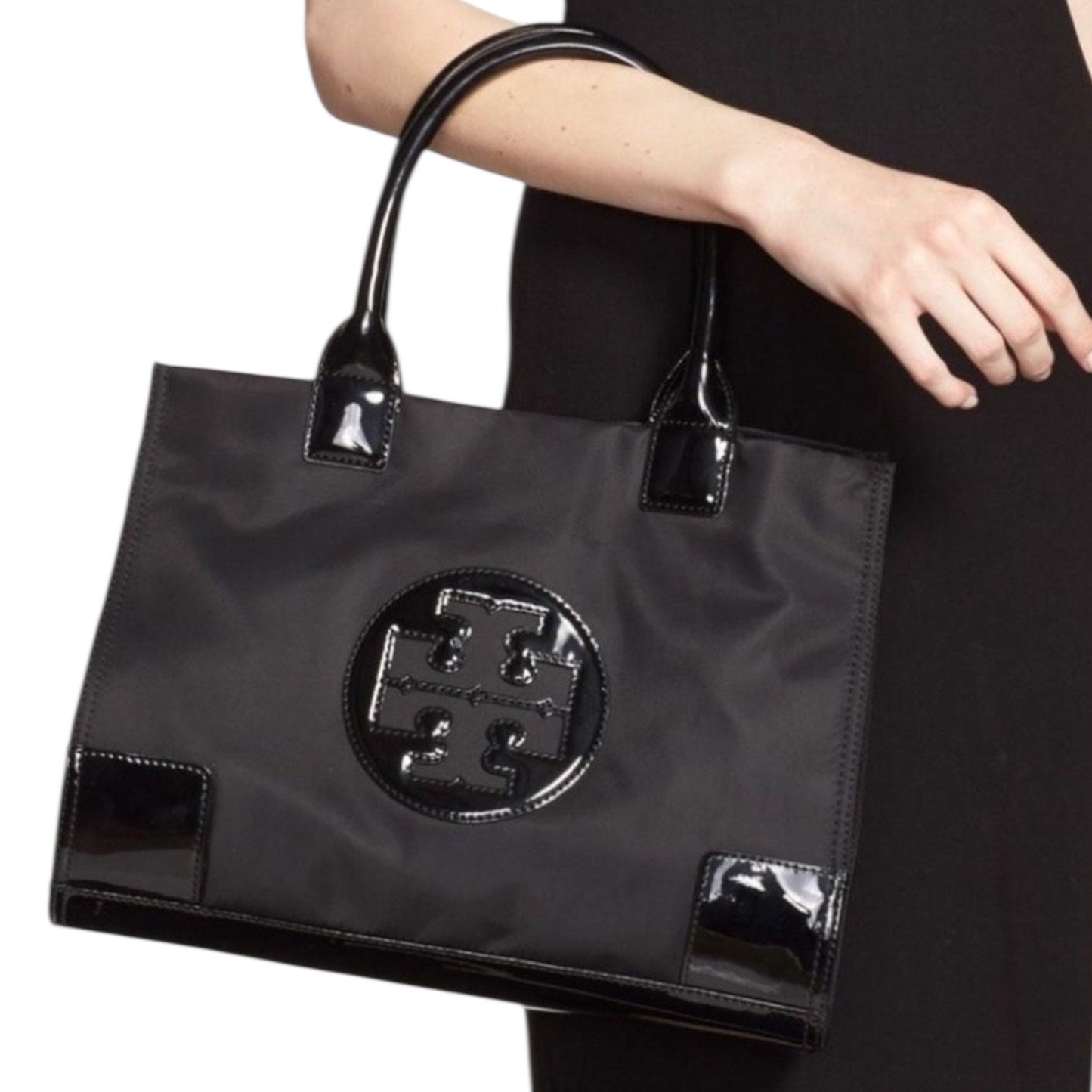 Tory Burch Black Small Ella Tote Bag Patent Leather Nylon Shoulder Bag