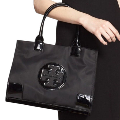 Tory Burch Black Small Ella Tote Bag Patent Leather Nylon Shoulder Bag