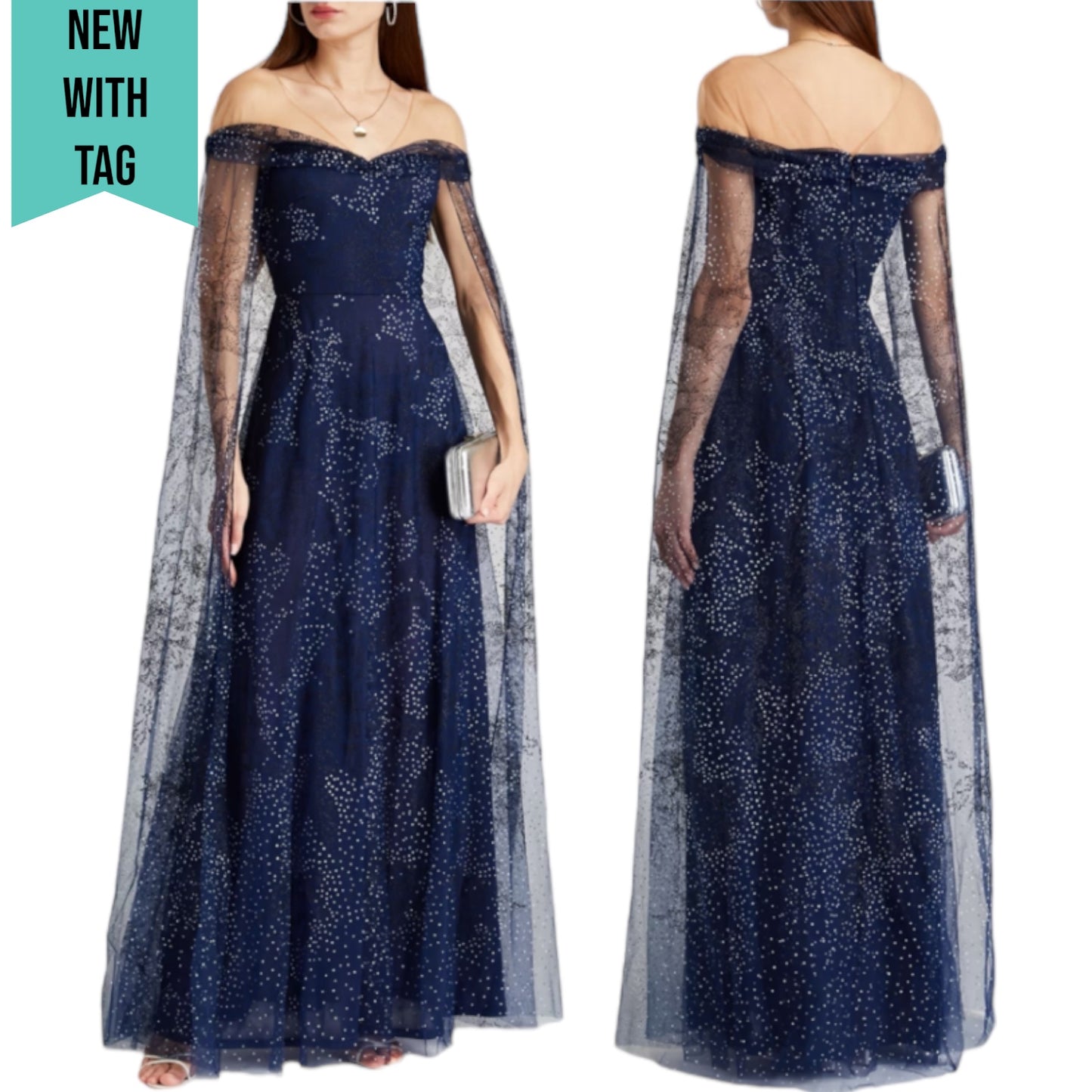 Marchesa Notte Tulle Overlay Cape Embellished Gown Blue Size 0