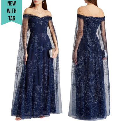 Marchesa Notte Tulle Overlay Cape Embellished Gown Blue Size 0