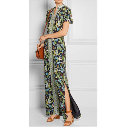 Tory Burch Silk Maxi Dress Long Caftan Garden Wisteria Blue Green Size 2