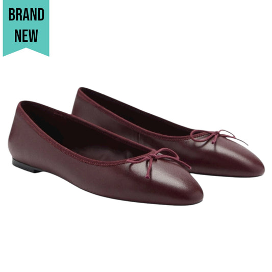 Mango MNG Bow Leather Ballet Flats Burgundy Size 39/US 8.5