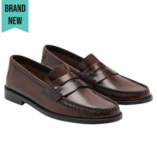 Mango Gathered Leather Moccasin Loafer Cognac Brown Size 40