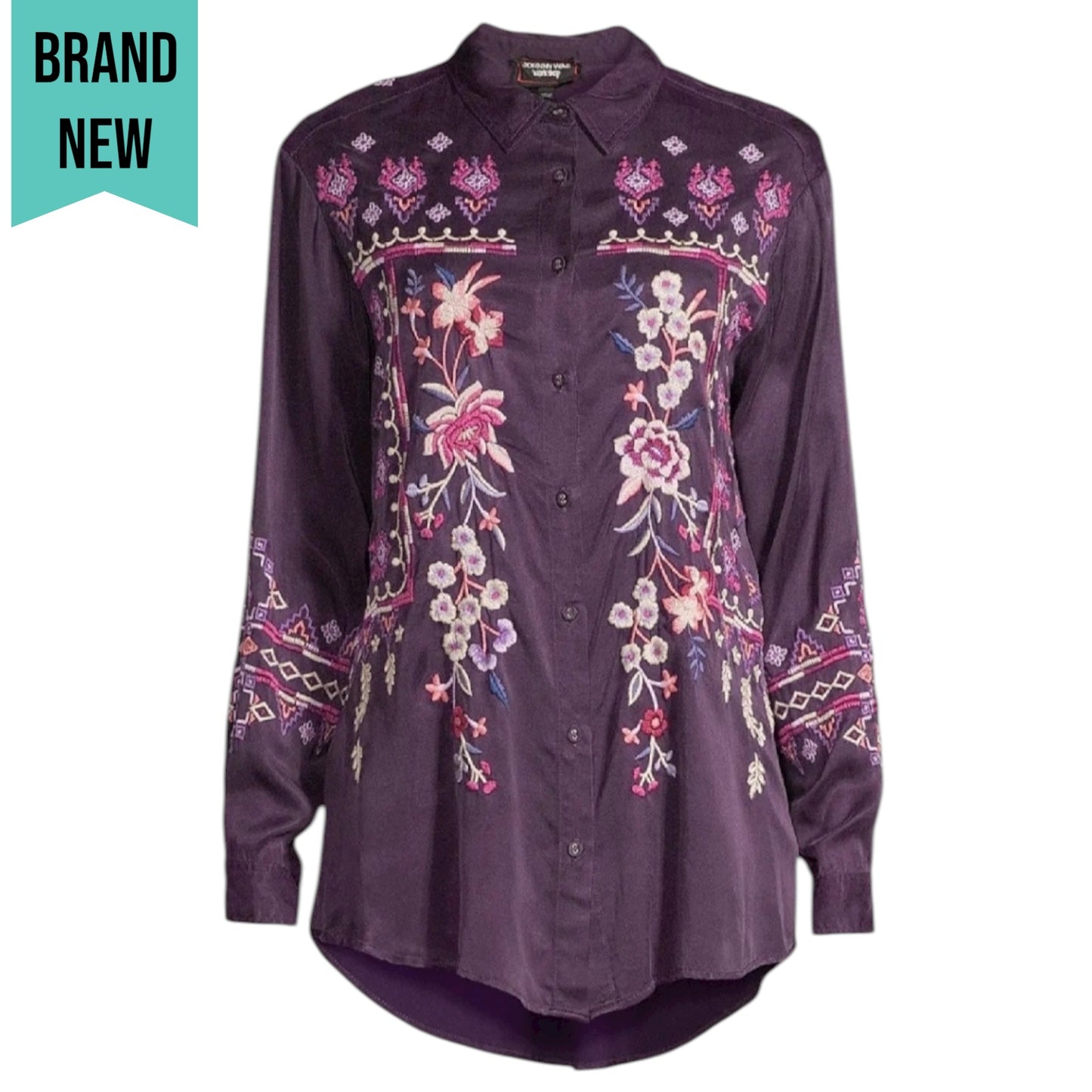 Johnny Was Curacao Floral Embroidered Oversized Tunic Shirt Size XS