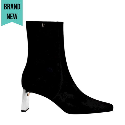 Larroude Alexis Suede Mirror Heel Ankle Boots Black Silver Size 7.5