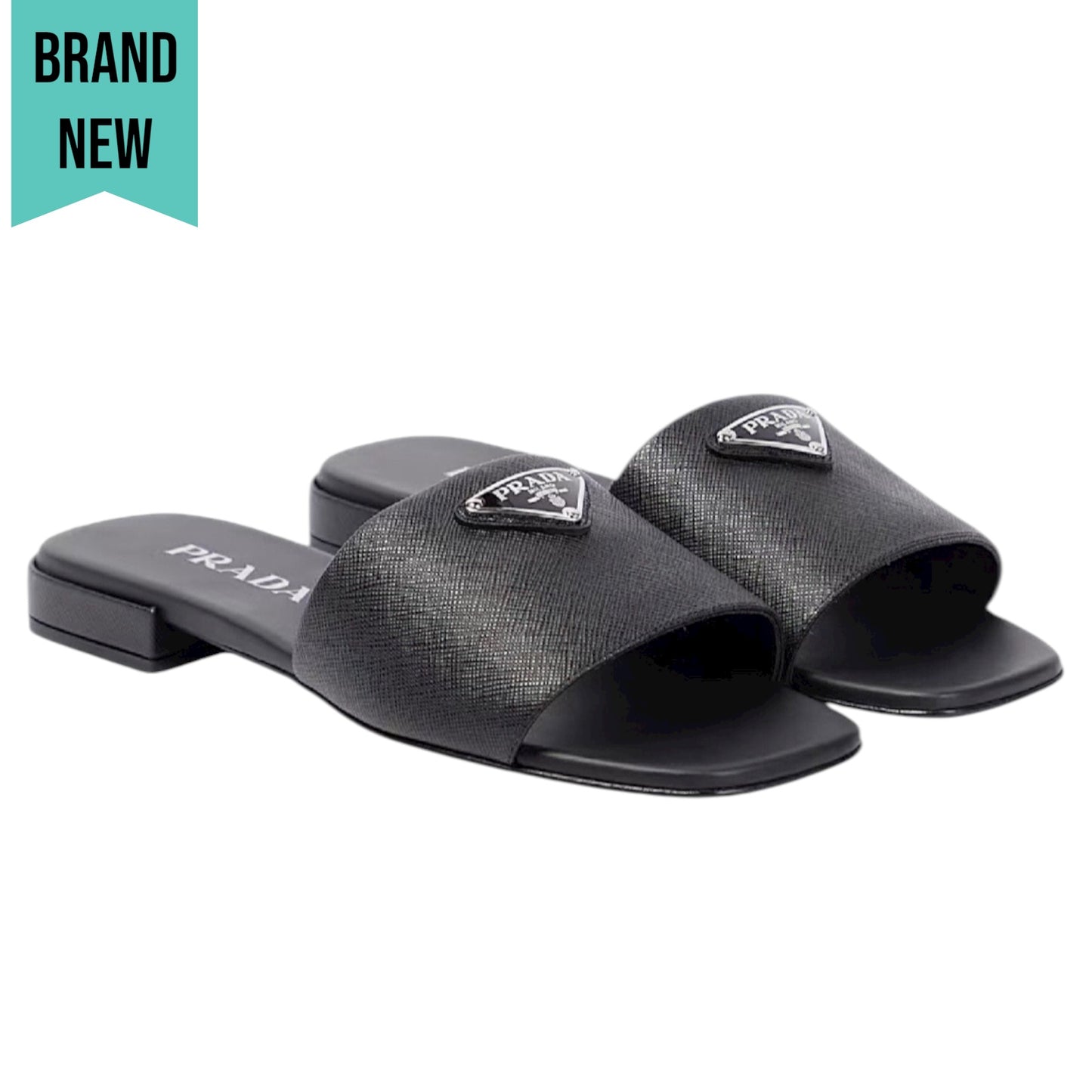 Prada Saffiano Triangle Logo Plaque Slide Flat Sandal Black Size 36.5