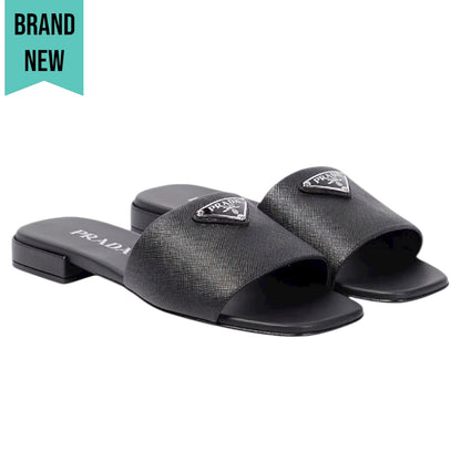 Prada Saffiano Triangle Logo Plaque Slide Flat Sandal Black Size 36.5