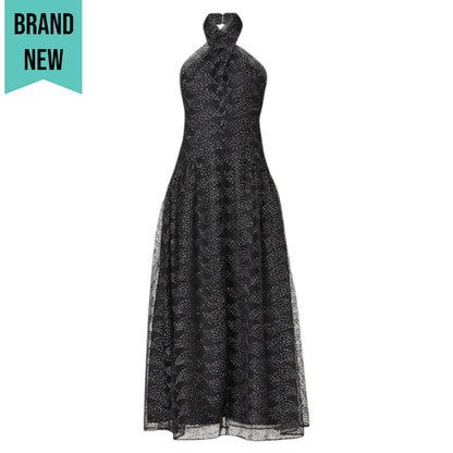 Shoshanna Olivia Metallic Scallope Mesh Halter Neck Black Dress Size 2