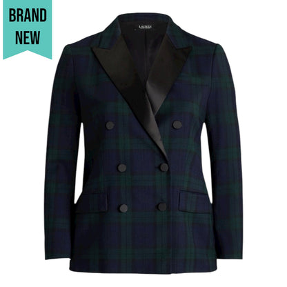 Lauren Ralph Lauren Plaid Double Breasted Satin Trim Blazer Size 2