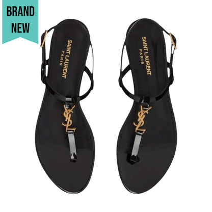 Saint Laurent Cassandra Patent YSL Thong Slide Sandal Black Gold Size 39.5