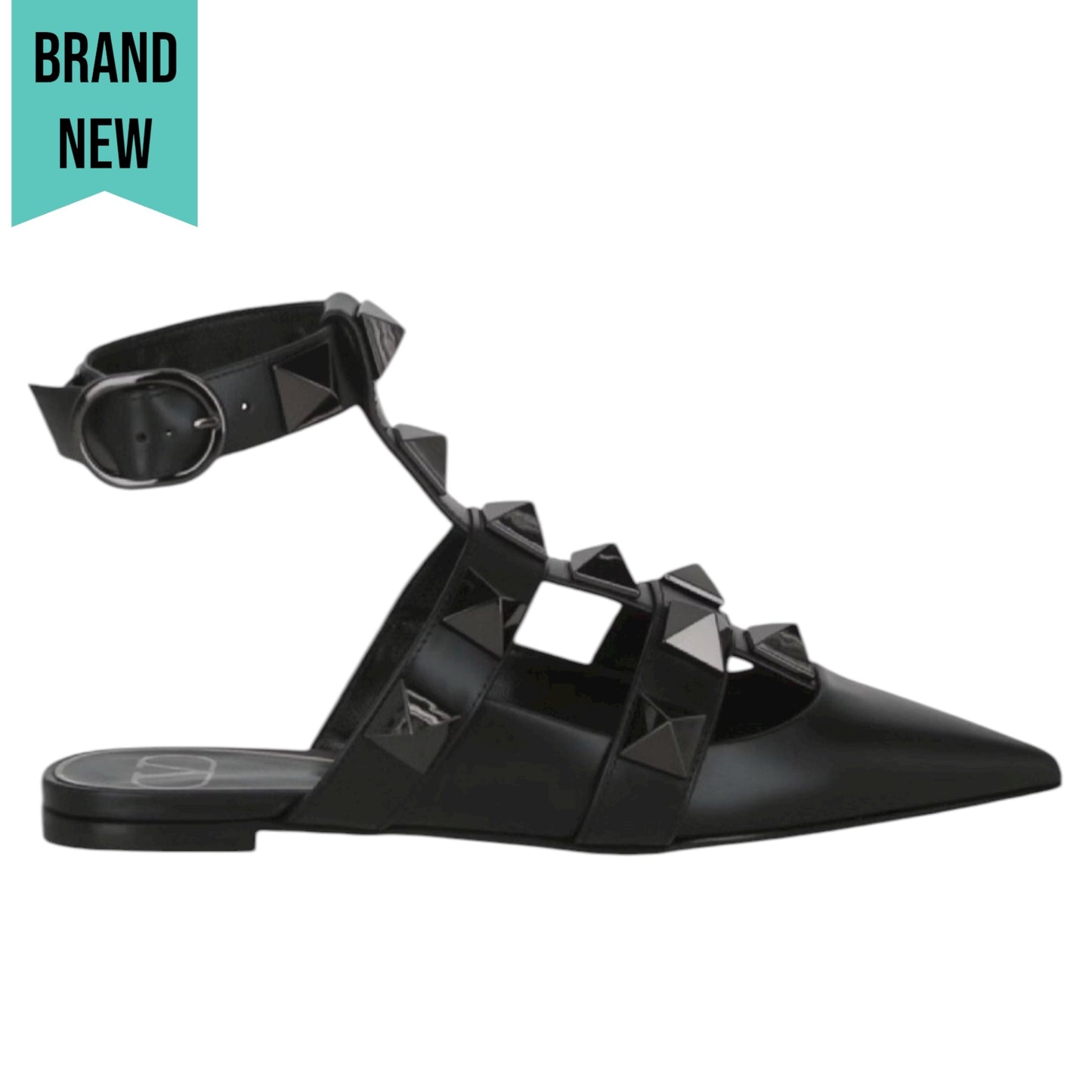 Valentino Garavani Roman Stud Ankle Strap Caged Flat Black Size 38