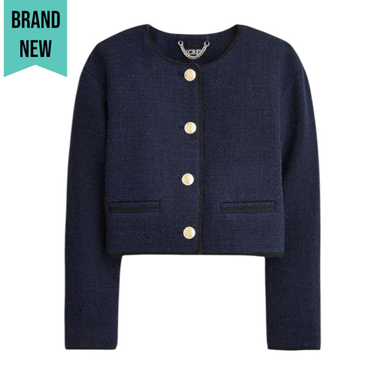 J. Crew Tweed Bomber Lady Jacket Wool Blend Navy Gold Button Size 14
