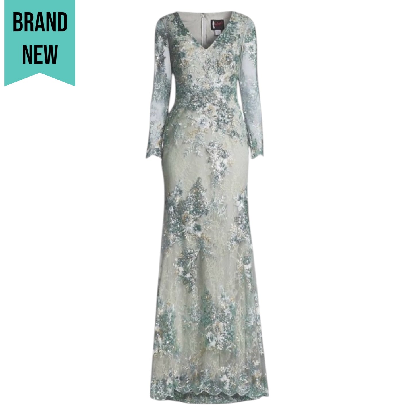 Mac Duggal Illusion Sleeve Lace Embellished Gown Seamist 67539 Size 14