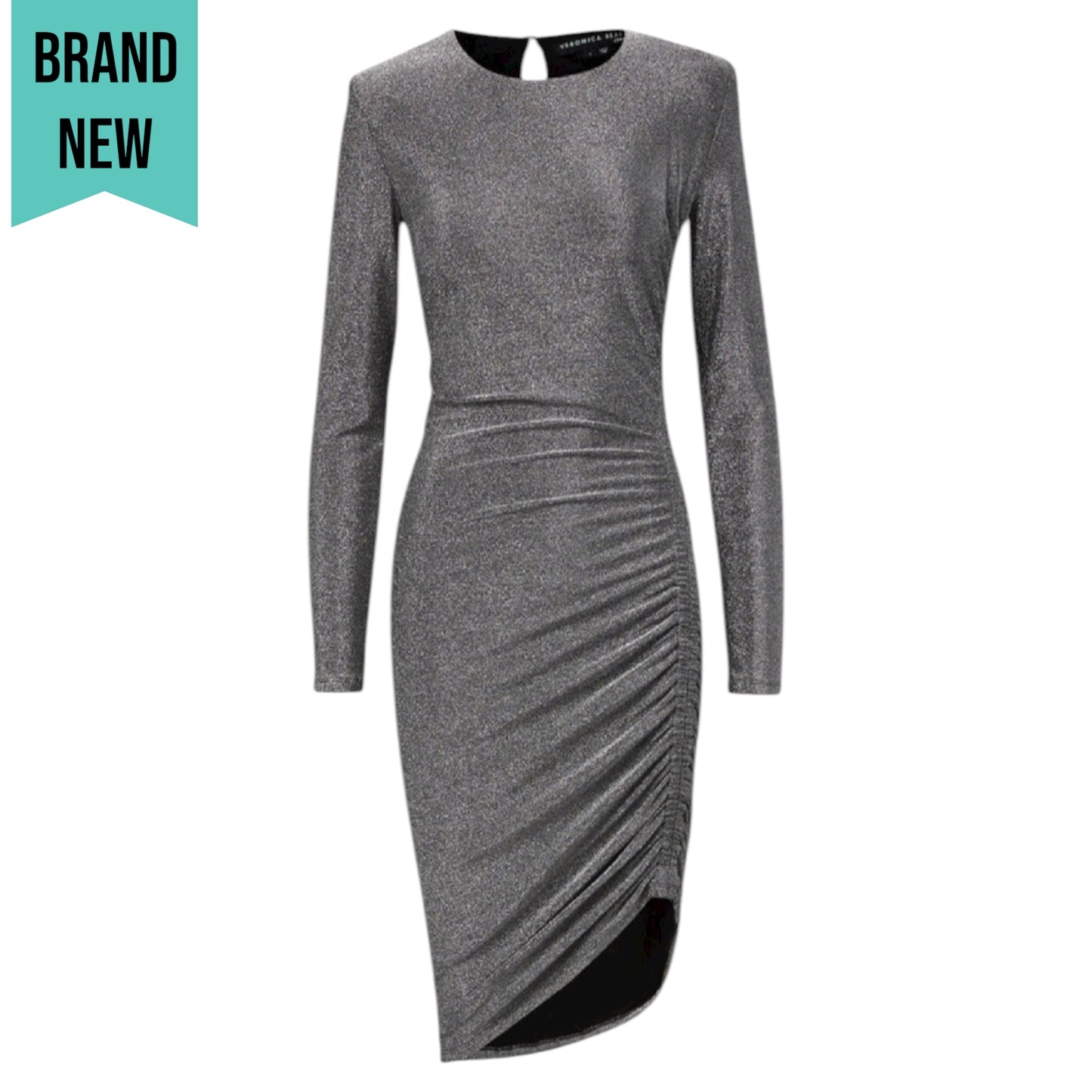 Veronica Beard Cyrus Metallic Lurex Side Ruch Dress Gunmetal Size XL