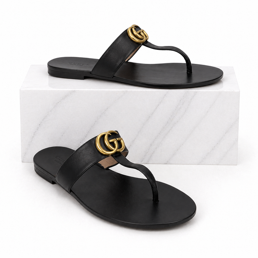 Gucci Leather Thong Sandals with Double GG Logo Black Size 39.5
