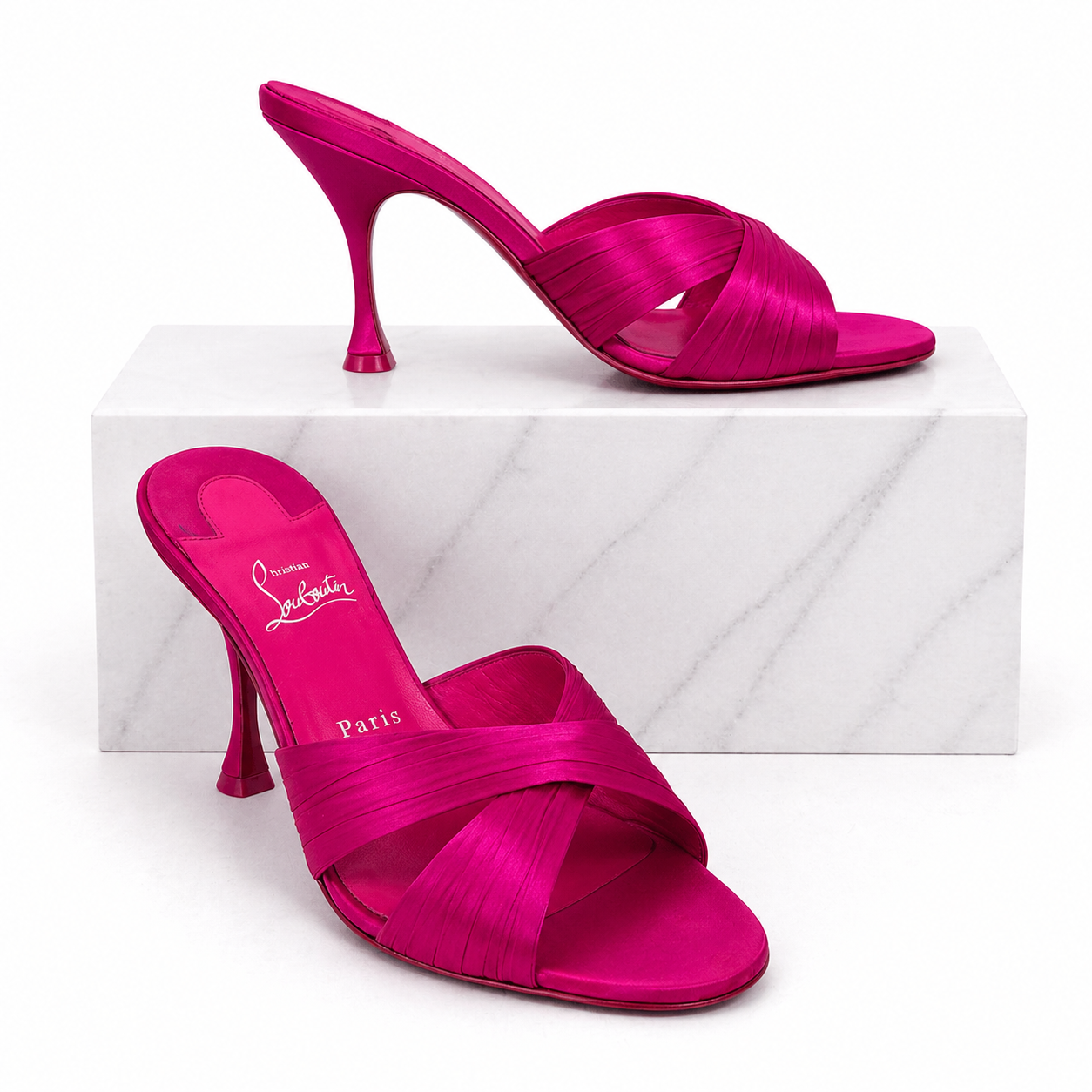 Christian Louboutin Nicol is Back 85 Crepe Satin Mule Sandal Pink Size 40