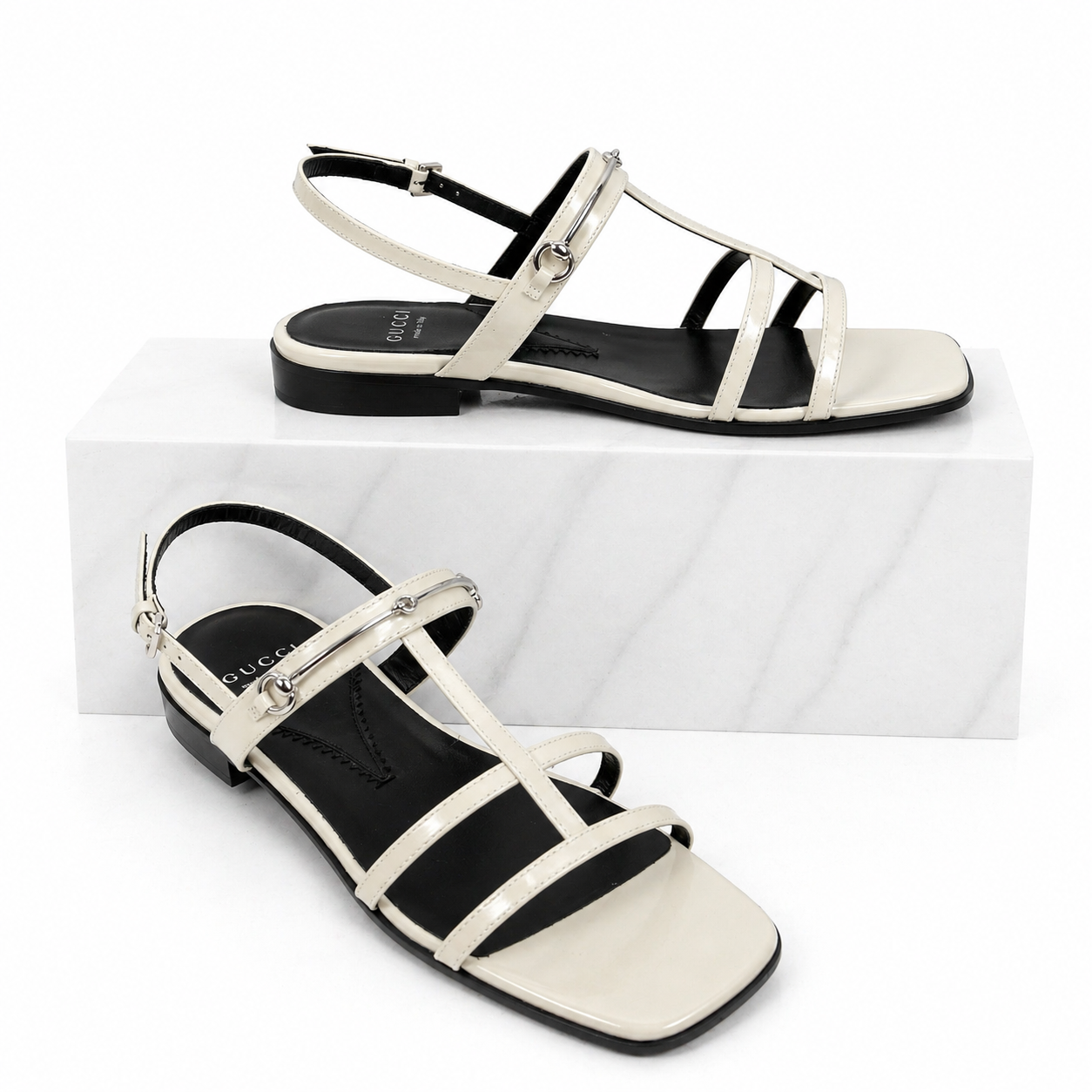 Gucci Divine Horsebit Slingback Flat Sandal Mystic White Size 37.5
