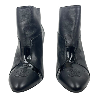 Chanel CC Logo Cap Toe Lamb Leather Heel Ankle Boots Black Size 38