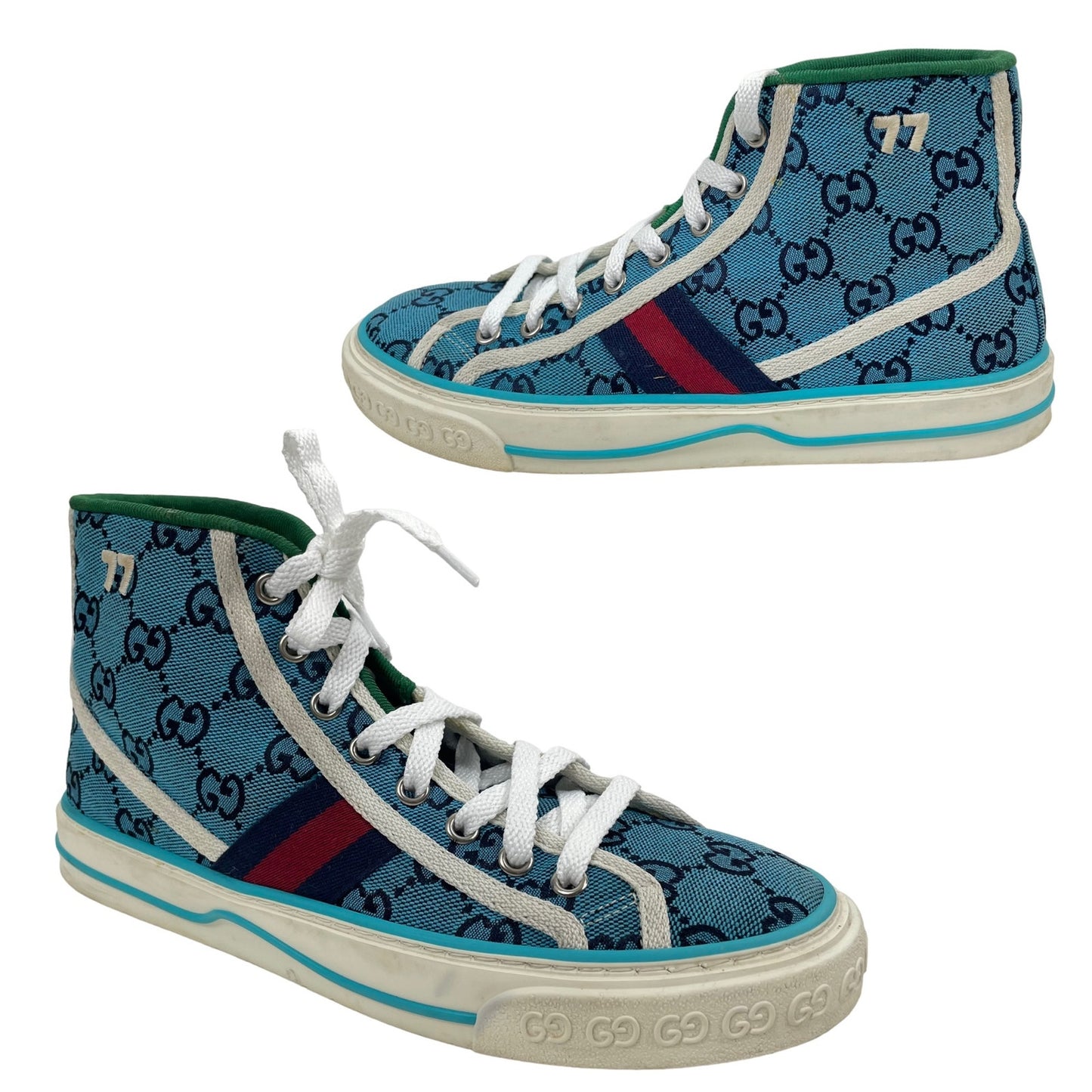 Gucci Tennis 1977 High Top Sneakers Turquoise Navy Logo Monogram Size 37