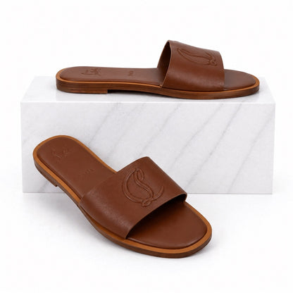 Christian Louboutin CL Mule Leather Flat Slide Sandal Brown Size 40
