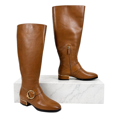 Tory Burch Sofia Tall Riding Boots Leather Logo Festive Brown Size 7