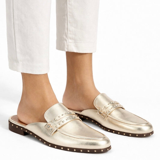 Valentino Garavani Rockstud Leather Mules Slide Agento Gold Size 40.5