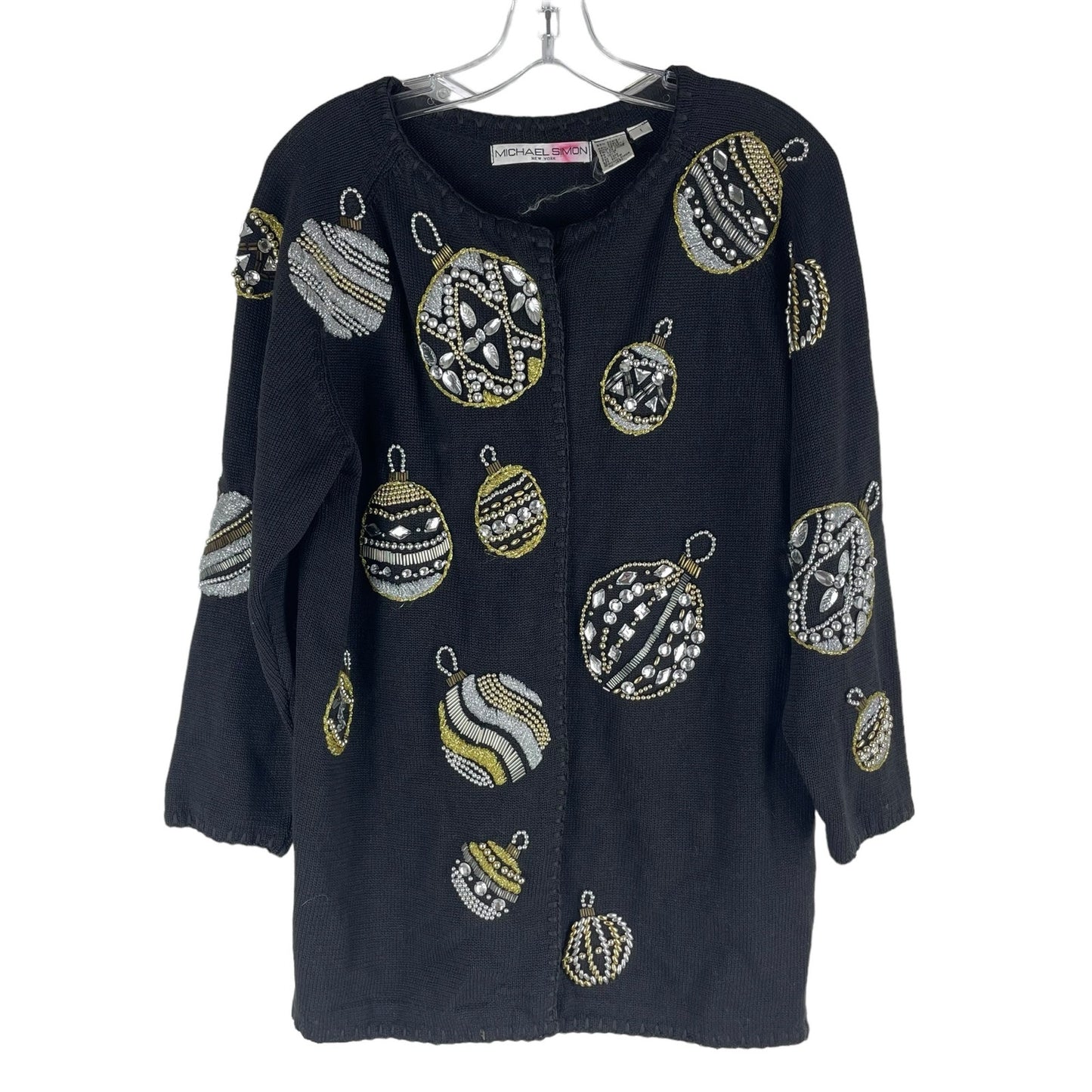 Michael Simon 1991 Christmas Ornaments Cardigan Black Ugly Sweater Size M