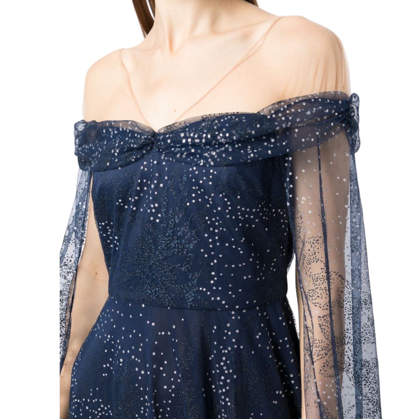 Marchesa Notte Tulle Overlay Cape Embellished Gown Blue Size 0