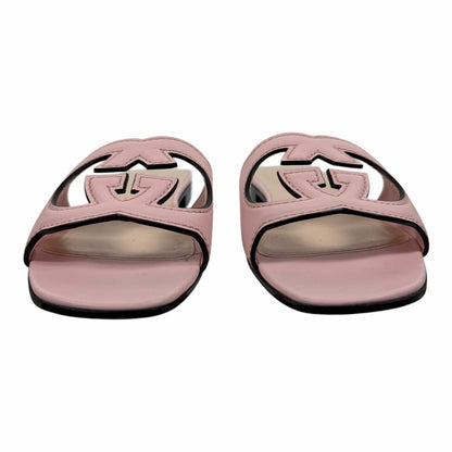 Gucci Interlocking G Cutout Leather Slide Flat Sandal Pink Size 37.5