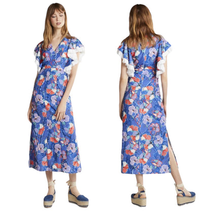 Tory Burch Natalie Floral Midi Resort Dress Ruffle Trim Blue Size 0