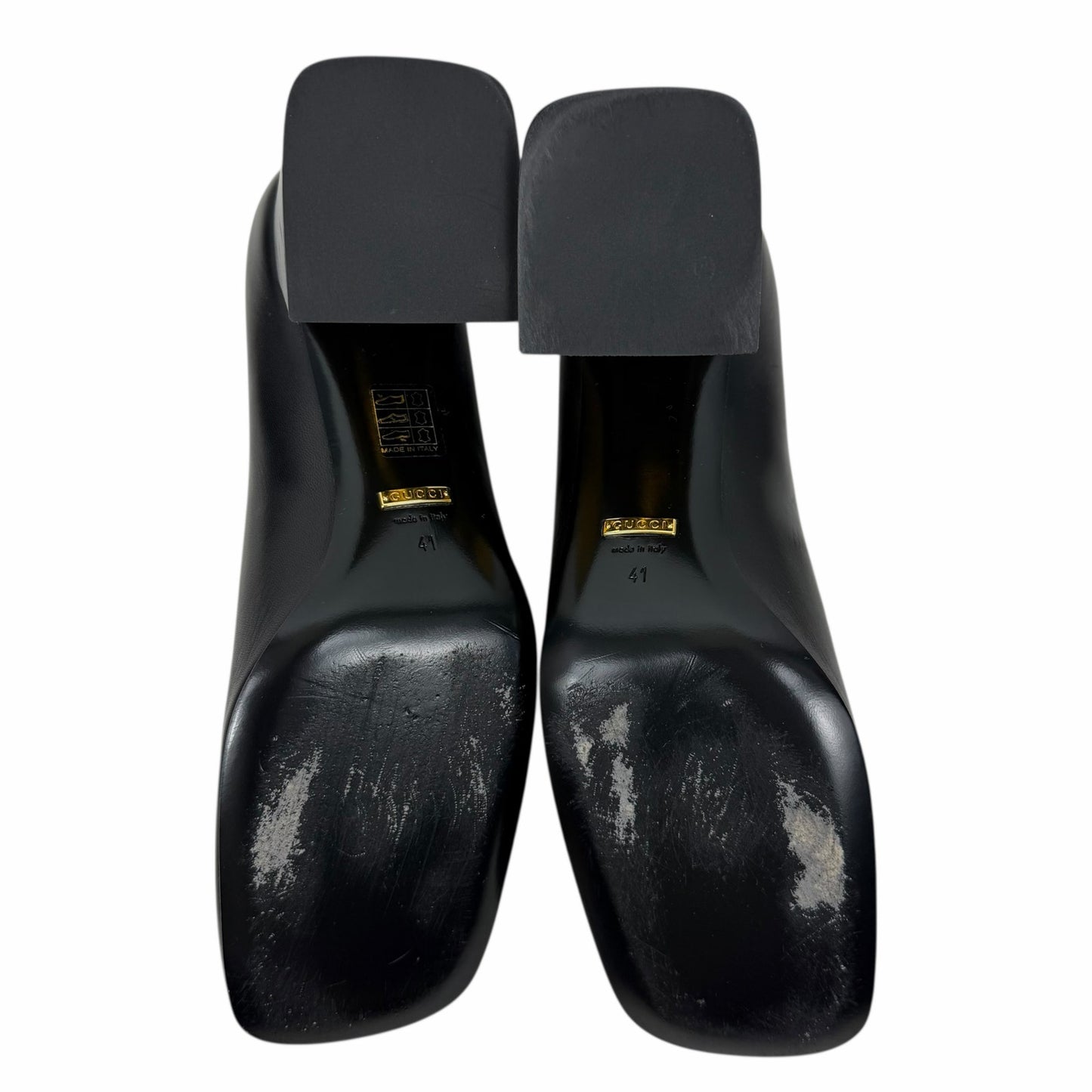 Gucci Horsebit Square Toe Leather Pump Block Heel Black Gold Size 41
