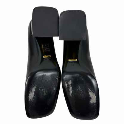 Gucci Horsebit Square Toe Leather Pump Block Heel Black Gold Size 41