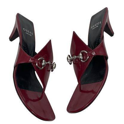 Gucci Mariame Horsebit Leather Thong Sandals Kitten Heel Red Size 36.5