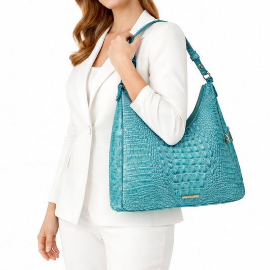 Brahmin Tabitha Melbourne Leather Shoulder Bag Aqua Blue Croc Embossed