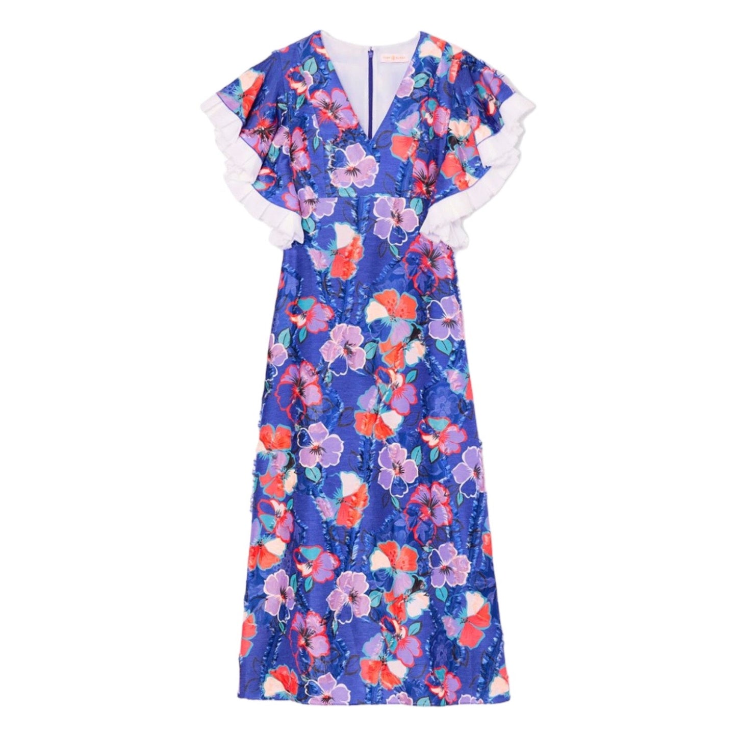 Tory Burch Natalie Floral Midi Resort Dress Ruffle Trim Blue Size 0