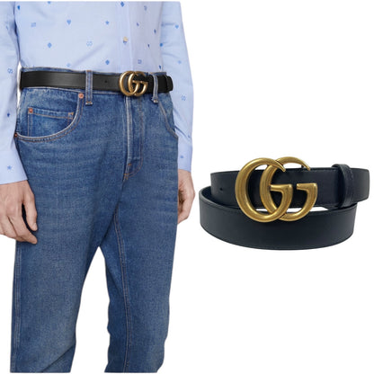 Gucci Marmot GG Logo Leather Thin Belt Black Gold Buckle Men Size 95/ 38