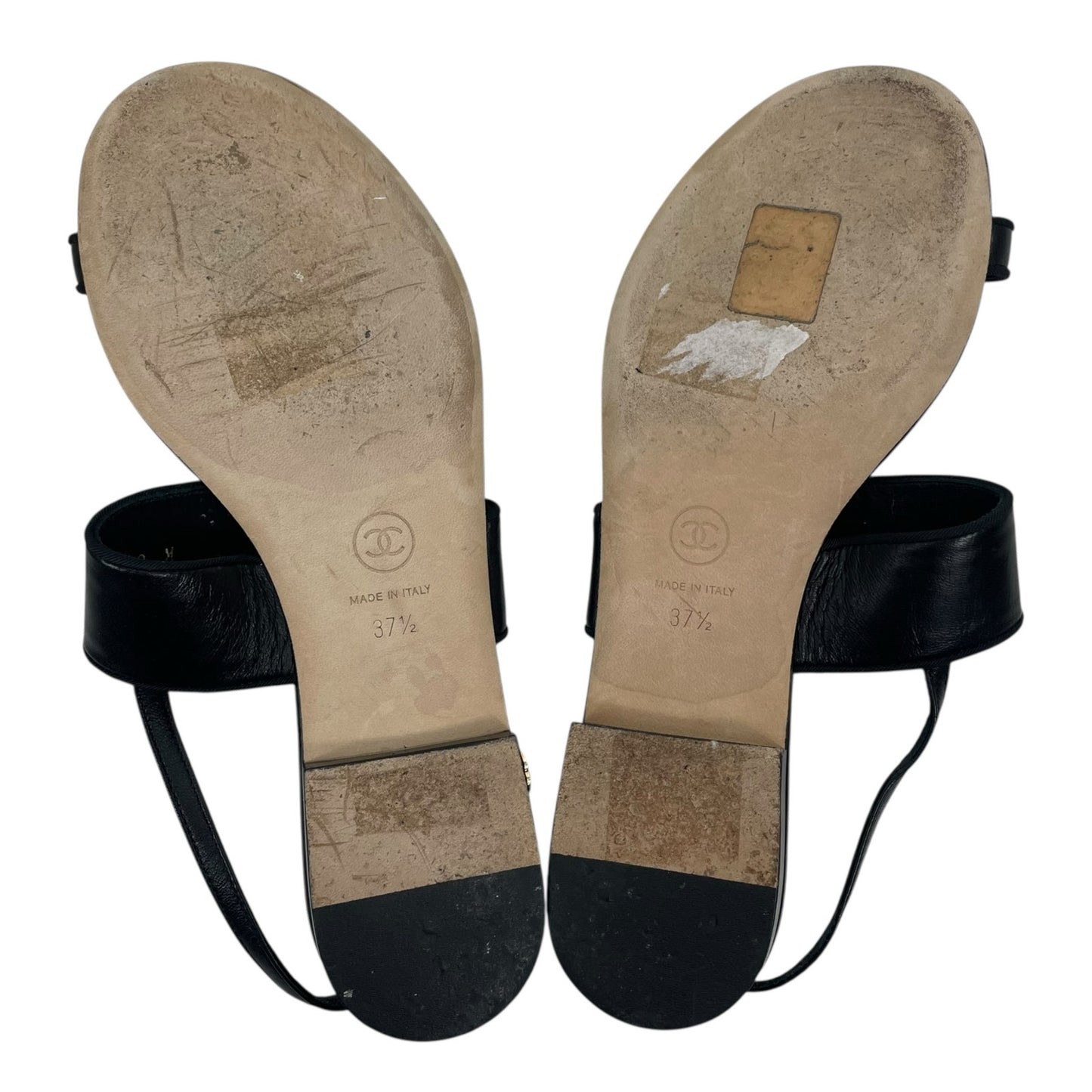 Chanel Camellia Pearl Logo Toe Ring Slingback Flat Sandal Black Size 37.5