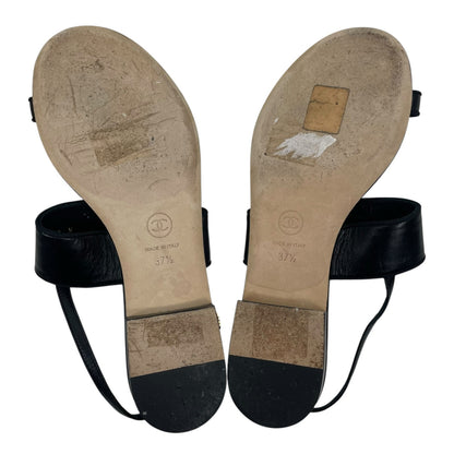 Chanel Camellia Pearl Logo Toe Ring Slingback Flat Sandal Black Size 37.5