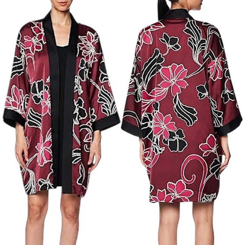 Chico's Travelers Floral Printed Kimono Jacket Deep Chianti Size L/XL