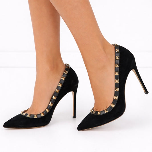 Valentino Garavani Black Rockstud Suede Pointed Toe Pump Size 36.5